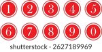 simple numbers icon with red circle. from 0 to 9. vector illustration.
