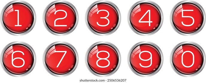 simple numbers icon with red color glossy circle. from 0 to 9. number button art vector illustration.