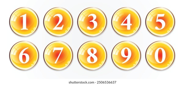 simple numbers icon with yellow glossy circle. from 0 to 9. number button art vector illustration.