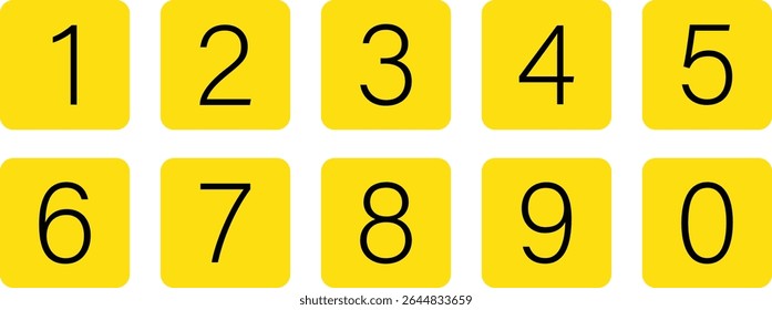 ícone de números simples com retângulo arredondado amarelo. ilustração vetorial de 0 a 9.