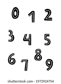 Simple numbers isolated on white. Black outline, cartoon childish doodle style. Vector illustration for poster and design.