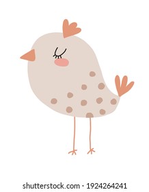 Simple ilustración vectorial de guardería con pájaro peinado aislado en un fondo blanco. Impresión a mano atractiva con divertidos pollos punteados ideal para la tarjeta de Pascua, decoración de habitación infantil.