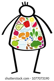 Simple Obese Stick Figure Man On A Diet, Body Filled With Healthy Foods, Colorful Vegetables, Fruit And Fish, Changing His Eating Habits Isolated On White Background