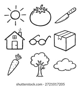 Conjunto de ilustración de iconos de objetos simples con varios elementos cotidianos en un estilo de contorno limpio, adecuado para iconos, gráficos educativos, contenido para niños y páginas para colorear.
