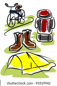 Simple object - travelling equipment. Tent, shoes backpack and bicycles.