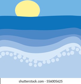 Simple ocean blue abstract seascape cartoon background vector illustration with waves and the sun.