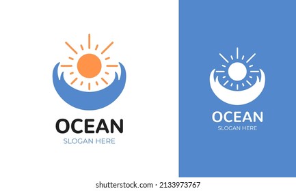 Diseño de logotipo oceánico sencillo. Ilustración vectorial de onda y sol. Símbolo del atardecer de verano