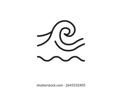 Ícone de onda oceânica simples em estilo de arte de linha preta, símbolo minimalista de água do mar para temas marinhos.
