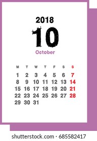 Simple October 2018 calendar. Week starts from Monday.