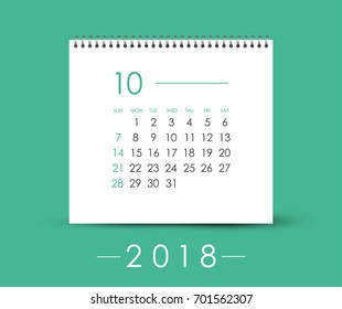 Simple October 2018 calendar. Week starts from Sunday.