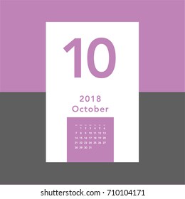 Simple October 2018 calendar. Week starts from Sunday.