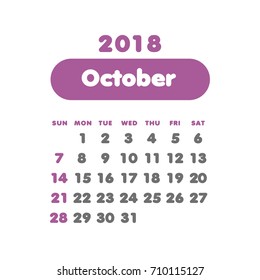 Simple October 2018 calendar. Week starts from Sunday.