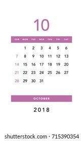 Simple October 2018 calendar. Week starts from Sunday.