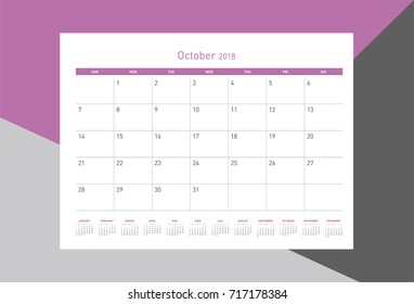 Simple October 2018 calendar. Week starts from Sunday.