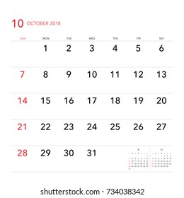 Simple October 2018 calendar. Week starts from Sunday.
