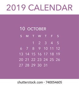 Simple October 2019 calendar. Week starts from Sunday.