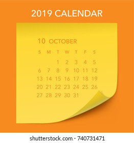 Simple October 2019 calendar. Week starts from Sunday.