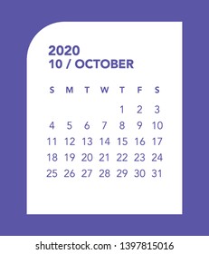 Simple October 2020 calendar. Week starts from Sunday.
