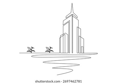 Diseño minimalista de una línea continua de boceto de edificio de oficinas simple