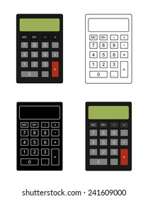 Simple office calculator set. Contour lines, black and white. Color clip art vector illustrations isolated on white