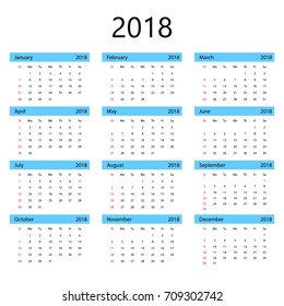 Simple office calendar for 2018 isolated from background. Vector template.