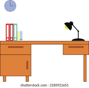 simple office desk with clock, lamp and books