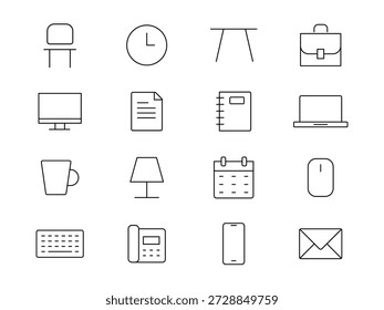 Simple Office Outline Icons Set – Minimal Workspace Line Icons