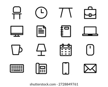 Simple Office Outline Icons Set – Minimal Workspace Line Icons