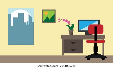 Simple Office Room Interior Flat Style. Apartment or office workspace design vector art