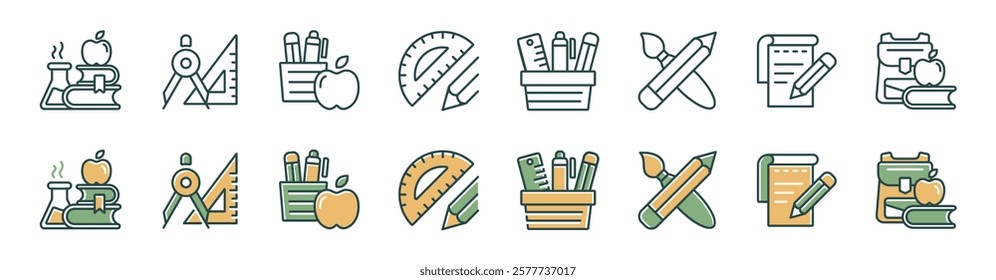 simple office stationery icon line set school supply containing pencil, crayons, paint brush, holder, note, compass, book, bag, ruler signs vector outline illustration for web and app