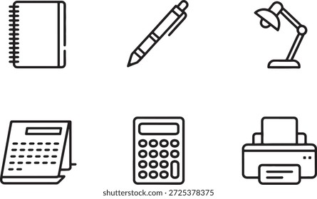 Einfaches Büromaterial-Icon-Set mit Notebook, Stift, Schreibtischlampe, Tastatur, Taschenrechner und Drucker für einen organisierten Arbeitsplatz und Produktivität.
