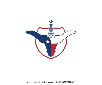 Simple Oil Derrick Texas Flag and Longhorn Logo Design Template