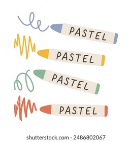 Simple oil pastel or wax pastel crayons set. Color pencils isolated on white. Kindergarten, preschool and kids concept. 