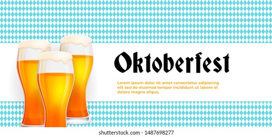 Simple oktoberfest poster background with bavarian flag ornament design. Beer glass vector illustration.