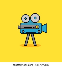 Simple old camera video vector illustration isolated on yellow background. Linear color style of camera video icon
