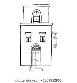 Simple old European house with wall lantern black and white flat vector illustration. Two-story building from old city or town. Hand drawn monochrome ink sketch