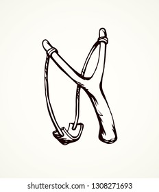 Simple old grunge shooter device on light backdrop. Freehand outline black ink drawn adult tribal war object logo emblem pictogram sketchy in archaic art doodle comic style on paper space for text