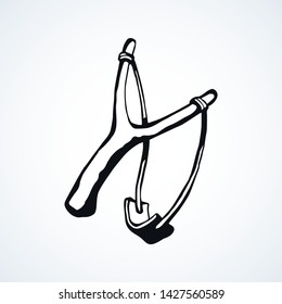 Simple old grunge shooter device on light backdrop. Freehand outline black ink drawn adult tribal war object logo emblem pictogram sketchy in archaic art doodle comic style pen on paper space for text