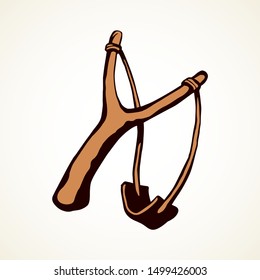 Simple old grunge shooter device on light backdrop. Freehand outline black ink drawn adult tribal war object logo emblem pictogram sketchy in archaic art doodle comic style pen on paper space for text