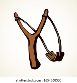 Simple old grunge shooter device on light backdrop. Freehand outline black ink drawn adult tribal war object logo emblem pictogram sketchy in archaic art doodle comic style pen on paper space for text