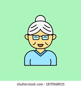 Simple old lady vector illustration isolated on green background. Linear color style of grandmother icon