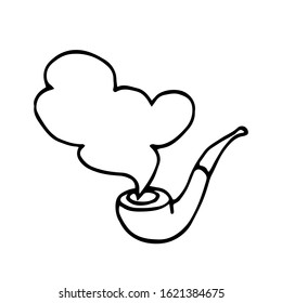 simple old smoking pipe with smoke, vector illustration with black contour lines isolated on white background in doodle & hand drawn style