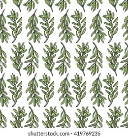 Simple olive branch seamless pattern. White background. Vector illustration