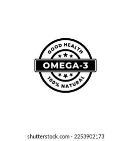 simple omega 3 seal vector or omega 3 label vector on black background. omega 3 label vector for natural product. The best omega 3 stamp vector isolated on black background.