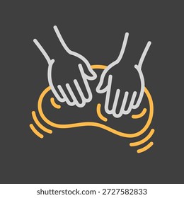 Um ícone de fundo simples no escuro de mãos amassando a massa. Projetado em um estilo de contorno plano moderno. Ideal para blogues de culinária, aplicativos de receitas e sites relacionados à comida.
