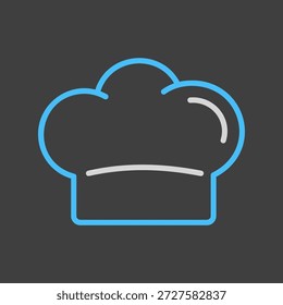 A simple on dark background icon of a classic white chef hat, also known as a toque. Designed in a modern flat outline style. Ideal for restaurant logos, cooking blogs, and food apps.
