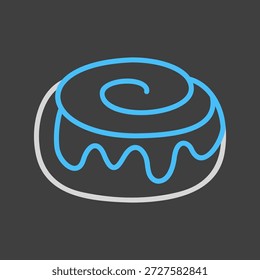 Un icono simple sobre fondo oscuro de un rollo de canela clásico con glaseado. Diseñado en un estilo de contorno limpio, moderno y plano. Ideal para menús, App de comida y Sitios web de cafetería.
