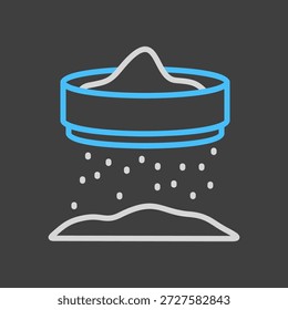 Ein einfaches auf dunklem Hintergrund Symbol eines klassischen Mehlsichters. Das Design ist sauber, modern und flach. Ideal zum Backen von Blogs, Rezepte-Apps und Küchenangebote-Websites.
