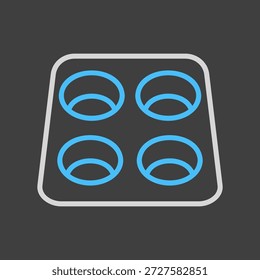 Um simples ícone de fundo escuro de um bolinho ou bolinho assadeira com quatro xícaras vazias. Projetado em um estilo de contorno plano moderno. Ideal para menus, blogs de panificação e sites de abastecimento de cozinha.
