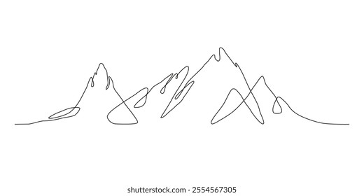 Simple One Continuous Art Line of a Mountain Outline Silhouette. Trendy scenic mounts, wall art background. Black and white landscape design for fabric, prints, and wall art. Simple line drawing of